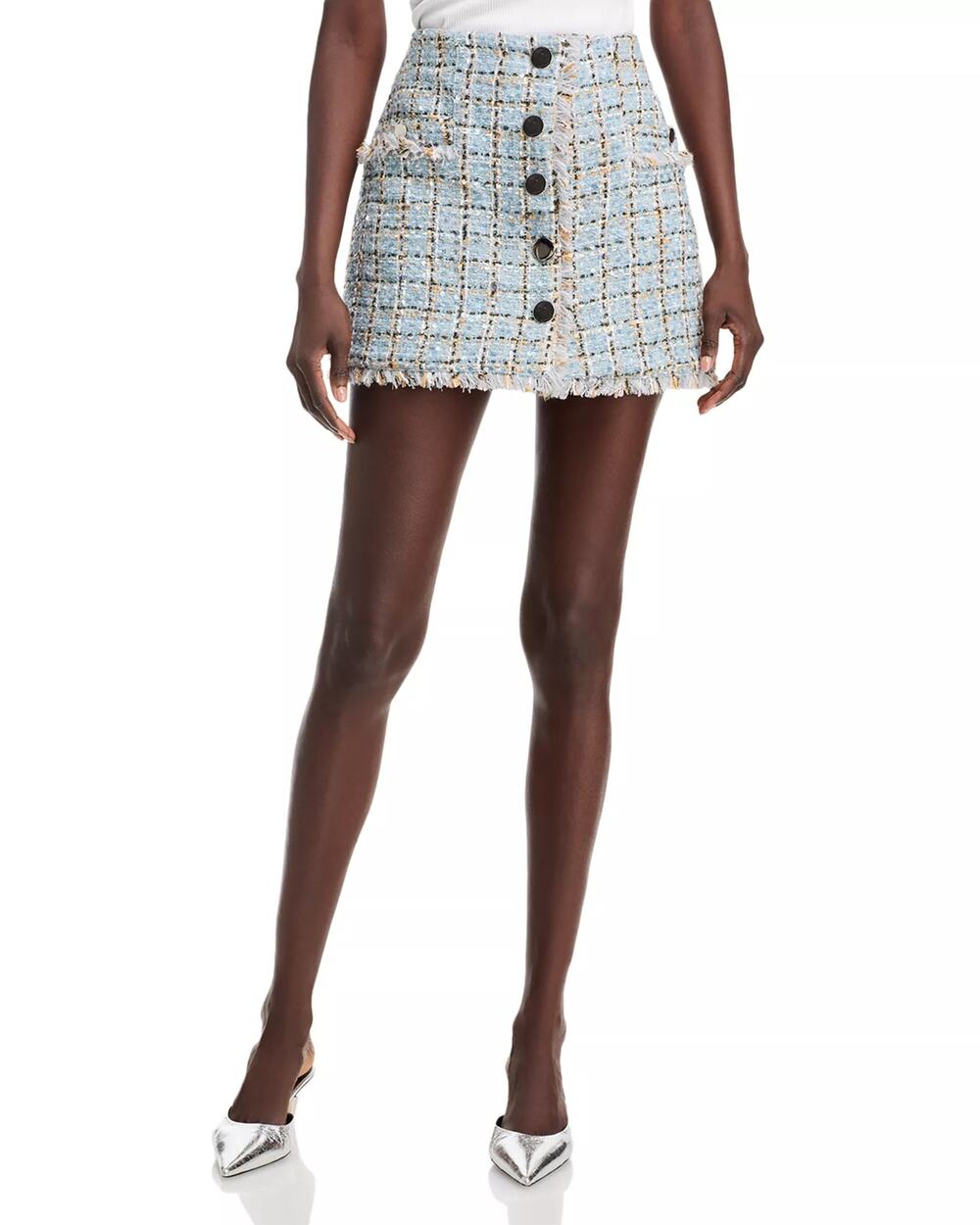 TOCCIN Women Light Blue Windowpane Tweed Ariel Fringe Mini Skirt Size US 4